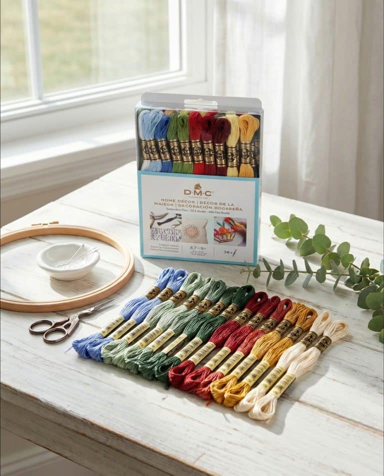 DMC Home Décor embroidery floss skeins and box in blues, greens, red, and gold on a whitewashed table by a sunny window
