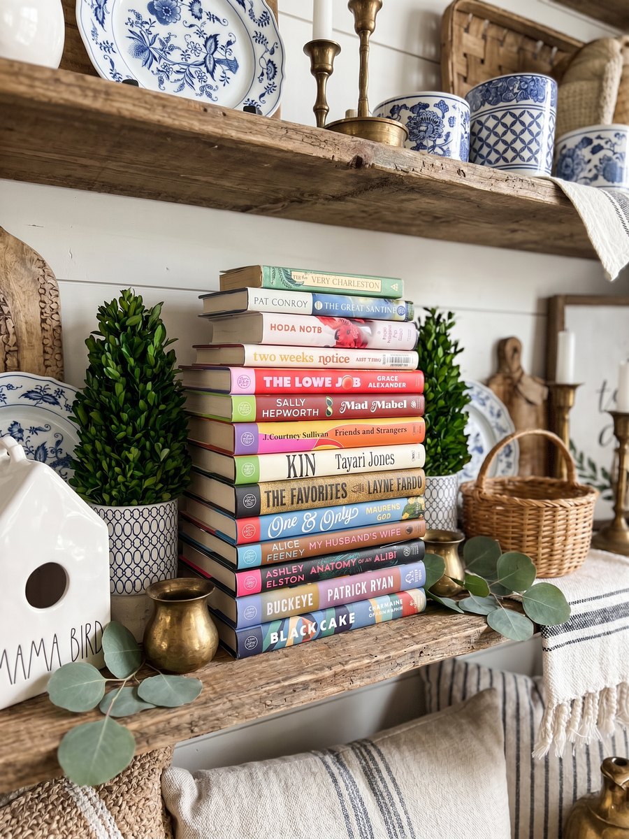 Cozy cottage bookshelf with colorful books, blue-and-white china and boxwood topiaries
