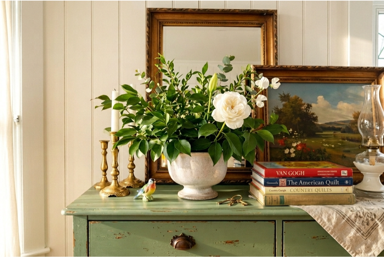 Thrifted-decor vignette with brass candlesticks, a white vase of greenery, a leaning vintage oil painting and stacked books on a green-painted dresser