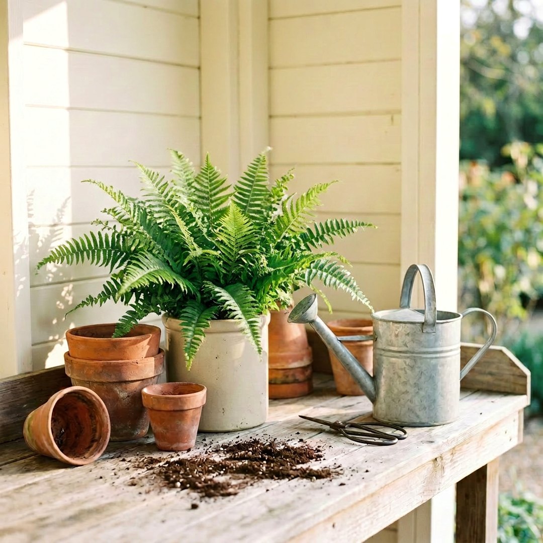 Cottage garden potting bench with fern and terracotta pots