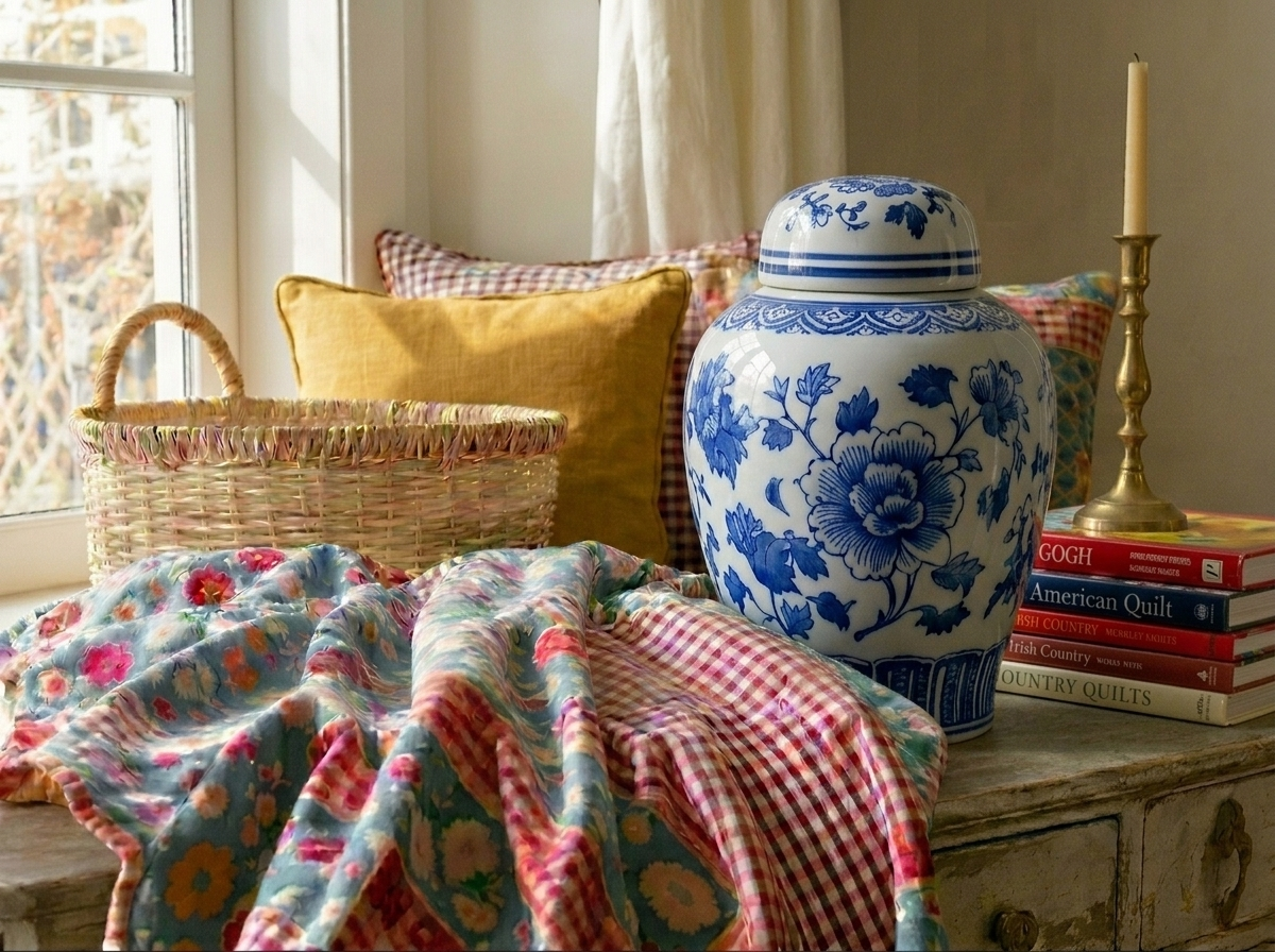 Collected windowside vignette with ginger jar, quilts and books