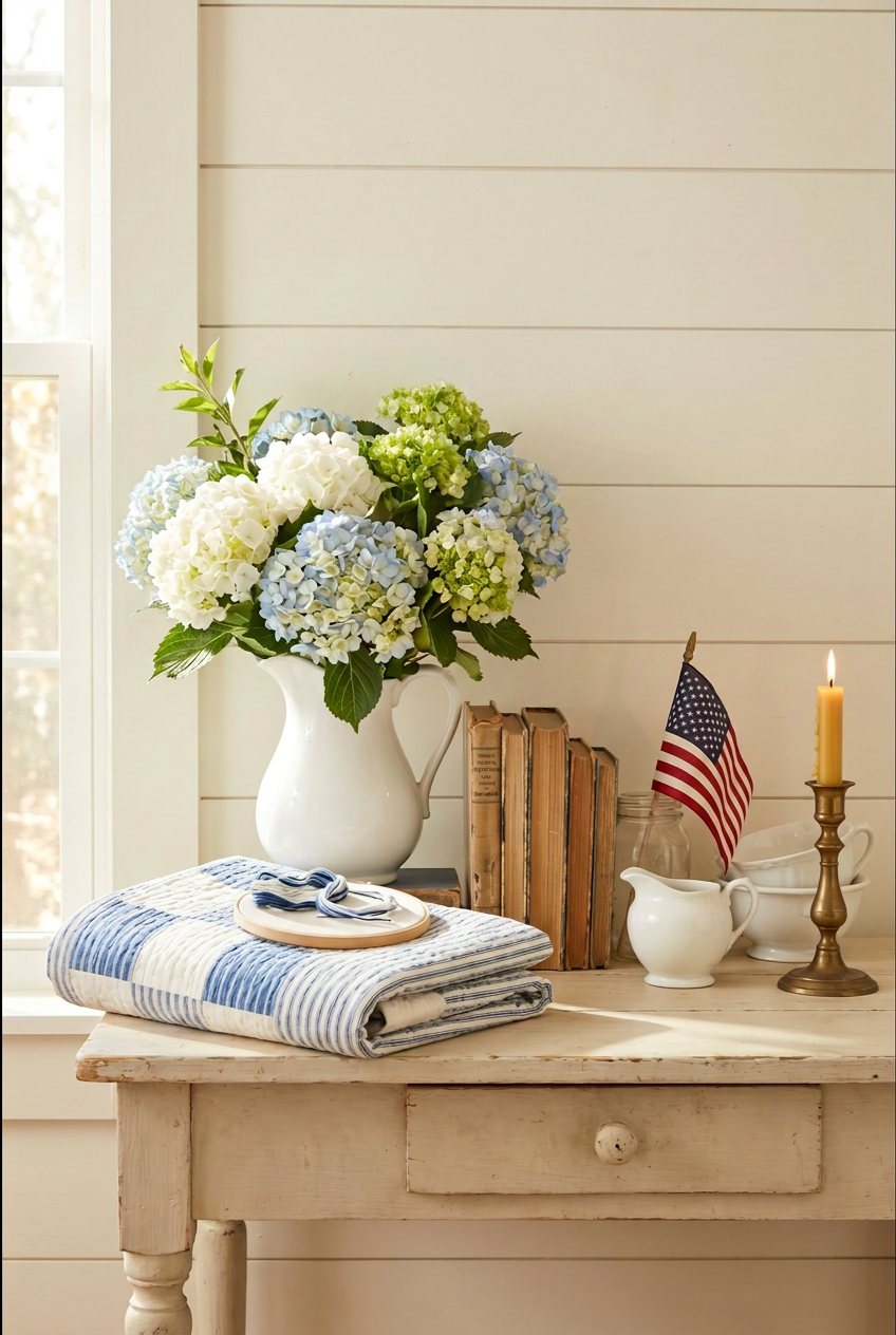 A light cottage tabletop styled with hydrangeas, vintage books, a vintage flag and a blue and white quilt