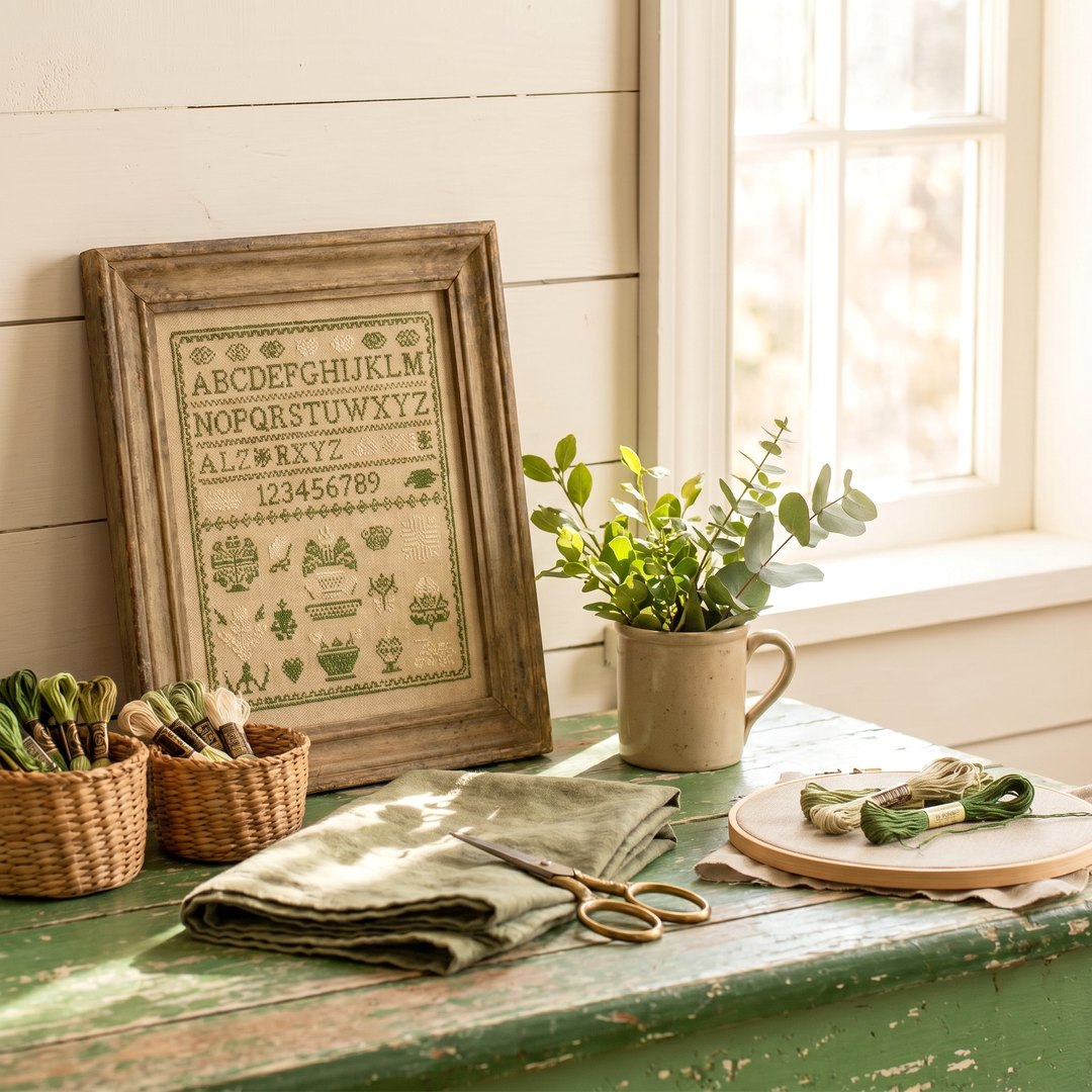 Green cross-stitch sampler with baskets of embroidery threads