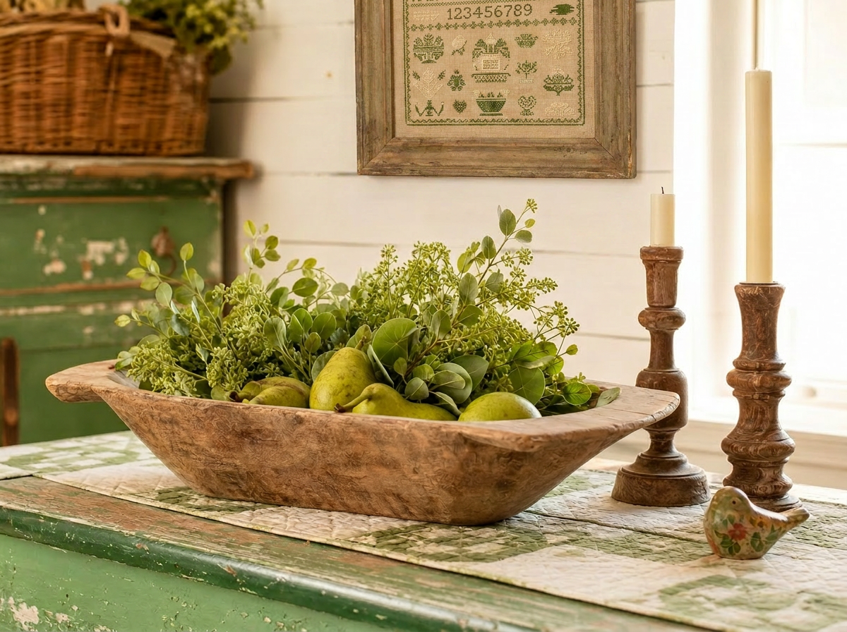 Antique wooden dough bowl filled with greenery and pears with turned-wood candlesticks — thrifted treen decor