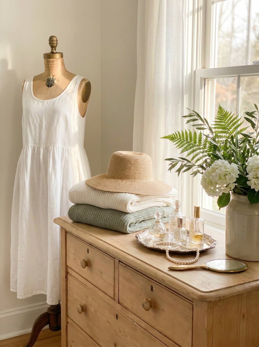A light cottage dressing vignette — white linen dress on a dress form, folded knits, straw hat, vanity tray and greenery
