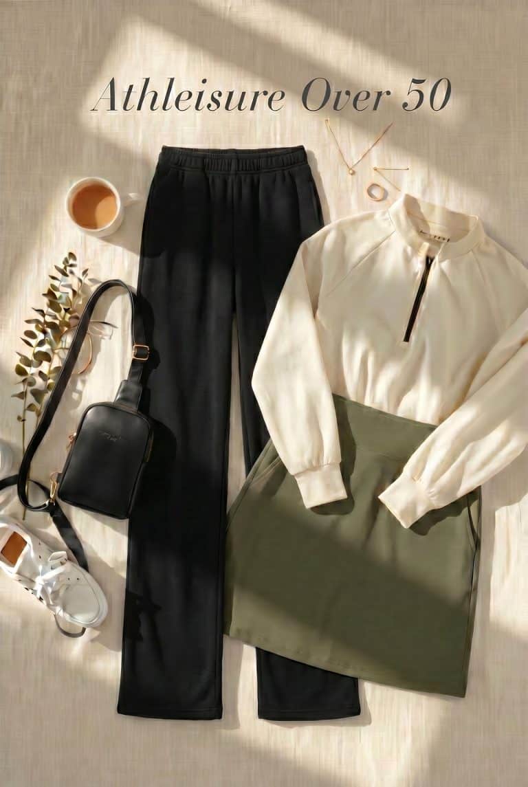 Flat lay of athleisure for women over 50: black high-waisted leggings, wide-leg sweatpants, a cream half-zip pullover, and an olive-green golf skort, arranged on cream linen.