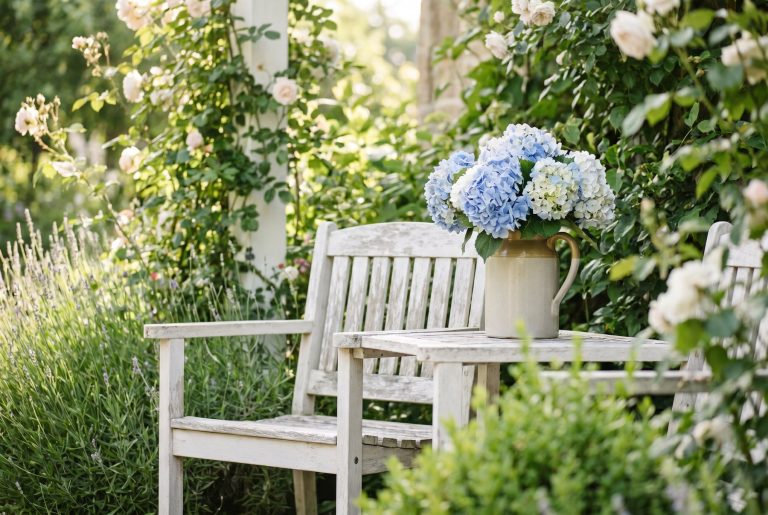 A cottage garden corner with a stoneware pitcher of blue and white hydrangeas on a whitewashed chair, lavender and roses in soft morning light