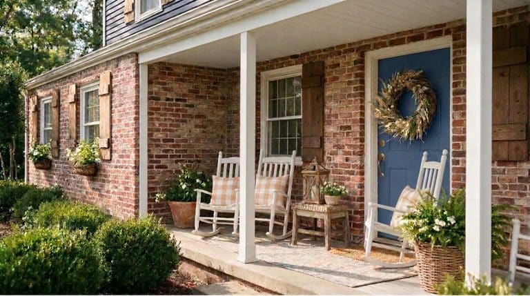 Brick front porch with white rocking chairs, check pillows, a dried wheat wreath and a blue door, an early fall porch easing from summer to fall