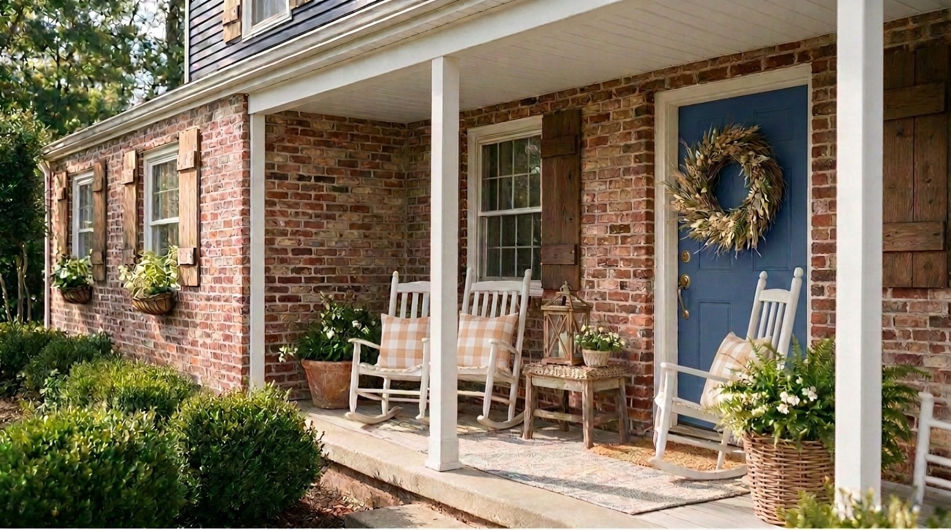 Brick front porch with white rocking chairs, check pillows, a dried wheat wreath and a blue door, an early fall porch easing from summer to fall